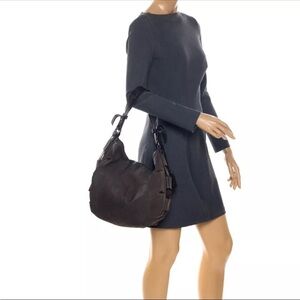 FURLA Suede Baggy Gray Hobo Leather Elegant Brown Shoulder Bag Medium Size